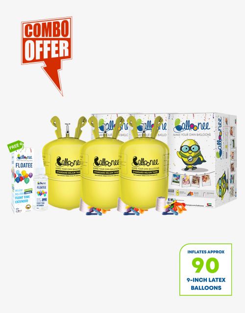 Balloonee Combo 3 x Standard Disposable Helium Party Kits with Freebie Floatee 50ml